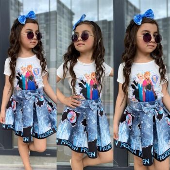 Compleu 3 Piese Frozen, Fusta, Tricou si Bentita, 3-8 ani Compleu 3 Piese Frozen, Fusta, Tricou si Bentita, 3-8 ani