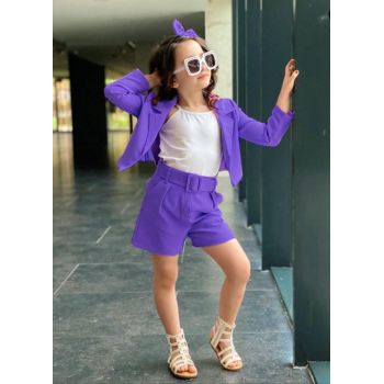 Compleu 4 piese,Pantaloni, Sacou, Maieu si Curea, Mov, 4-10 ani Compleu 4 piese,Pantaloni, Sacou, Maieu si Curea, Mov, 4-10 ani