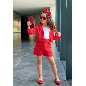 Compleu 4 piese,Pantaloni, Sacou, Maieu si Curea, Rosu, 4-10 ani Compleu 4 piese,Pantaloni, Sacou, Maieu si Curea, Rosu, 4-10 ani