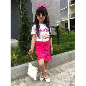 Compleu Barbie 3 piese pentru fetite fusta, tricou si curea, Roz, 3-12 ani