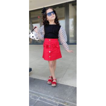 Compleu Bluza si Fusta pentru fete, Rosu, 3-12 ani Compleu Bluza si Fusta pentru fete, Rosu, 3-12 ani