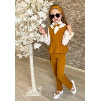 Compleu Elegant, Maro, 4 Piese, Bentita, Pantaloni, Bluza si Vestuta, Pentru Fetite, 4-12 ani Compleu Elegant, Maro, 4 Piese, Bentita, Pantaloni, Bluza si Vestuta, Pentru Fetite, 4-12 ani