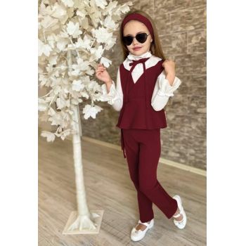 Compleu Elegant, Visiniu, 4 Piese, Bentita, Pantaloni, Bluza si Vestuta, Pentru Fetite, 4-12 ani Compleu Elegant, Visiniu, 4 Piese, Bentita, Pantaloni, Bluza si Vestuta, Pentru Fetite, 4-12 ani
