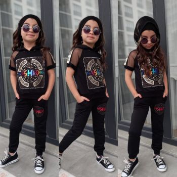 Compleu Fetite 2 Piese, Fashion, Bumbac, Negru, 4-12 ani Compleu Fetite 2 Piese, Fashion, Bumbac, Negru, 4-12 ani