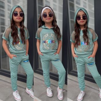Compleu Fetite 2 piese,Fashion, Bumbac,Turcoaz, 4-12 ani