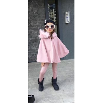 COMPLEU PONCHO SI PANTALONI DE PIELE PENTRU FETE, ROZ