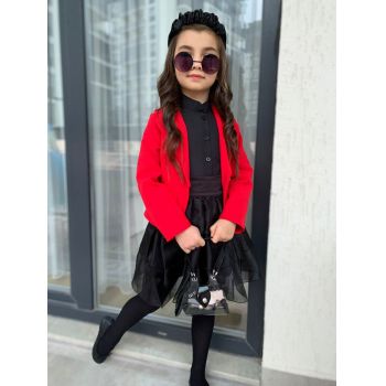 Compleu Rosu-Negru, 5 Piese, Sacou, Fustita, Camasa, Dres si Gentuta, Pentru Fete, 4-12 ani Compleu Rosu-Negru, 5 Piese, Sacou, Fustita, Camasa, Dres si Gentuta, Pentru Fete, 4-12 ani