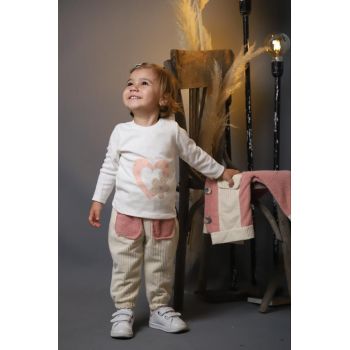 Compleu Roz-Crem, 3 Piese, Jacheta, Bluza si Pantaloni, Pentru Fetite, 6-24 luni