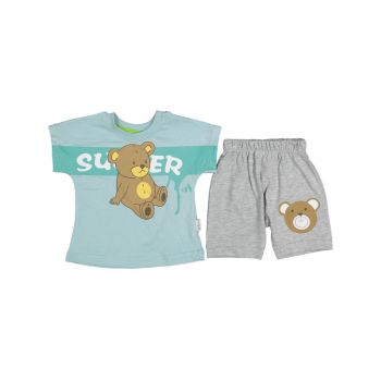 Compleu tricou si pantalon Ursulet Super, Turcoaz, 9-24 luni Compleu tricou si pantalon Ursulet Super, Turcoaz, 9-24 luni