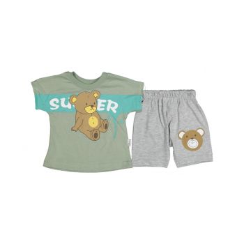 Compleu tricou si pantalon Ursulet Super, Vernil,Bumbac 100%, 9-24 luni Compleu tricou si pantalon Ursulet Super, Vernil,Bumbac 100%, 9-24 luni