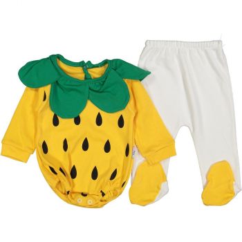 Set pantalon si body capsunica bebe, bumbac, galben, 6-12 luni Set pantalon si body capsunica bebe, bumbac, galben, 6-12 luni