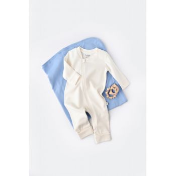 Salopeta cu fermoar cu maneca lunga si pantaloni lungi - 100%bumbac organic - Ecru, BabyCosy