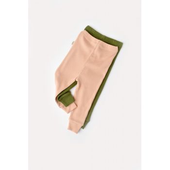 Set 2 pantaloni bebe unisex din bumbac organic si modal - Verde/Blush, BabyCosy ieftin