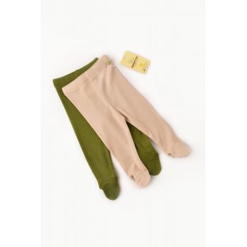 Set 2 pantaloni cu botosei bebe unisex din bumbac organic si modal - Verde/Blush, BabyCosy