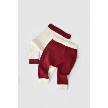 Set 2 pantaloni Ribana Bebe Unisex din bumbac organic si 5%elastan - Ecru/Bordo, BabyCosy de firma original
