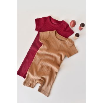 Set de 2 salopetele cu maneca scurta din bumbac organic si modal - Rosu/ Maro BabyCosy la reducere