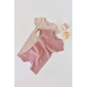 Set de 2 salopetele cu maneca scurta din bumbac organic si modal - Roz/ Blush BabyCosy ieftina