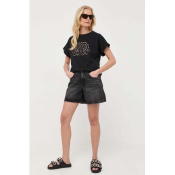 Miss Sixty pantaloni scurti jeans femei, culoarea negru, neted, high waist