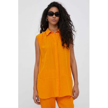 Sisley camasa femei, culoarea portocaliu, cu guler clasic, relaxed ieftina