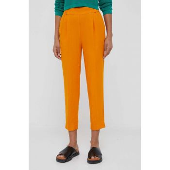 Sisley pantaloni din in culoarea portocaliu, fason tigareta, high waist