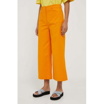Sisley pantaloni femei, culoarea portocaliu, lat, high waist
