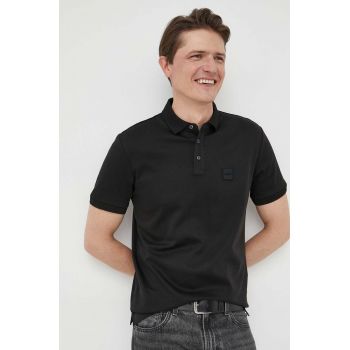 BOSS polo de bumbac culoarea negru, melanj ieftin