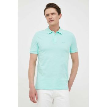 BOSS polo de bumbac culoarea turcoaz, neted