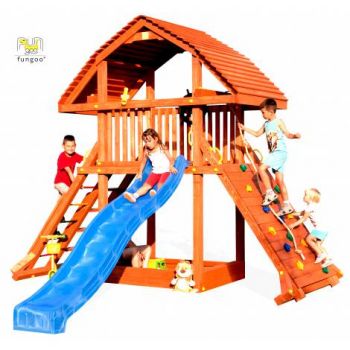 Complex de joaca din lemn GIANT, cu cataratoare si tobogan, pentru max 10 copii, 3 ani+, Fungoo 0925 de firma original