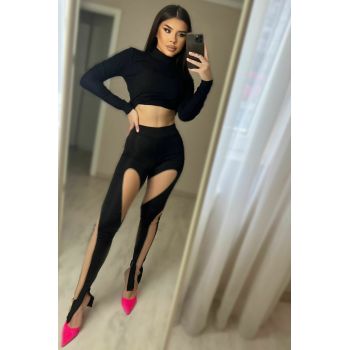 Colanti Mulati din Lycra, Elastici, cu Decupaje din Tulle si Crapatura la Glezne, Calypso, Negri