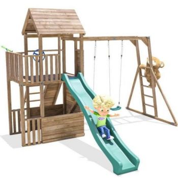 Complex de joaca BalconyFort ™ cu Monkey Bars si 2 leagane, tobogan verde 2.9 m, Dunster House