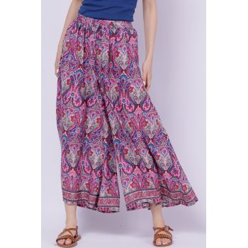 Fusta pantalon ampla din matase indiana cu fucsia, bleumarin si roz