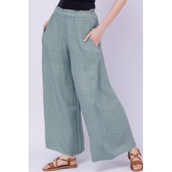 Pantaloni de vara din in largi, turcoaz deschis
