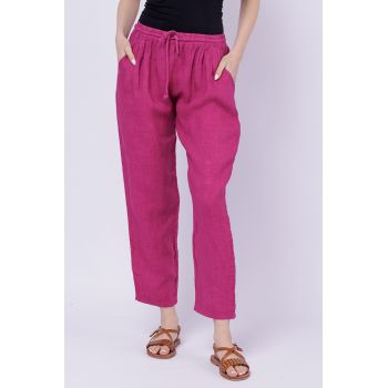 Pantaloni pana din in, cu siret in talie, mov zmeura