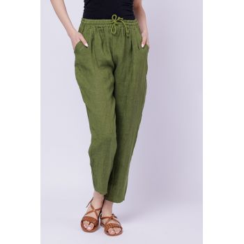 Pantaloni pana din in, cu siret in talie, verde olive