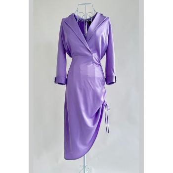 Rochie de Dama Eleganta, din Satin cu Siret pe Crapatura, si Maneci Lungi,Purple Lillac, Mov