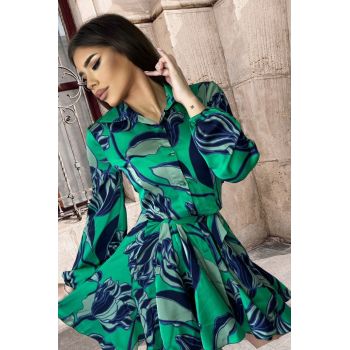 Rochie de Dama Tip Camasa, din Satin, Maneci Lungi si Inchidere cu Nasturi, Print Floral, Exotic, Verde