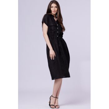 Rochie de vara midi din in cu siret in talie, neagra