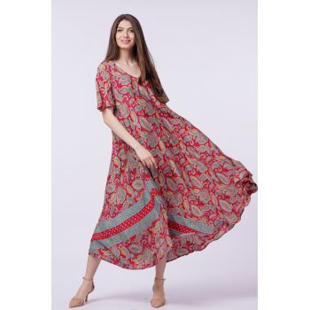 Rochie lunga si ampla Aline din matase indiana cu imprimeu paisley bordo cu albastru