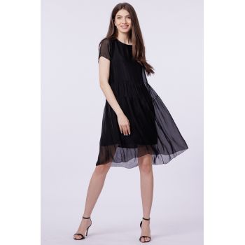 Rochie midi cu volan, din matase naturala neagra