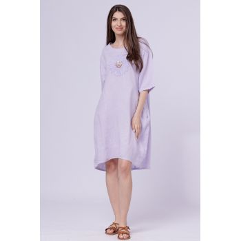 Rochie midi din in cu floare din paiete pe piept, lila