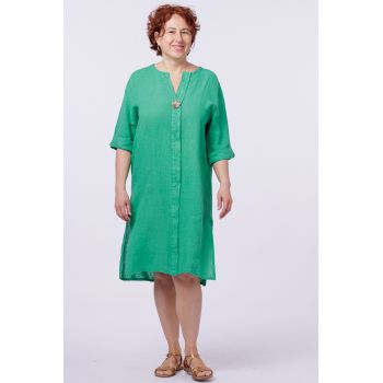 Rochie tunica din in verde, cu nasture metalic decorativ