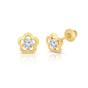 Cercei din aur 14K pentru copii Flower Outline and Big Crystal