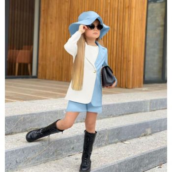 Compleu Alb-Albastru, Elegant, 4 Piese, Sacou, Maiou, Pantaloni Scurti si Palarie, Pentru Fetite, 3-12 ani Compleu Alb-Albastru, Elegant, 4 Piese, Sacou, Maiou, Pantaloni Scurti si Palarie, Pentru Fetite, 3-12 ani