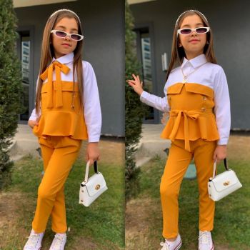 Compleu Alb-Galben, Elegant, 3 Piese, Bluza, Pantaloni si Curea, Pentru Fetite, 4-12 ani Compleu Alb-Galben, Elegant, 3 Piese, Bluza, Pantaloni si Curea, Pentru Fetite, 4-12 ani
