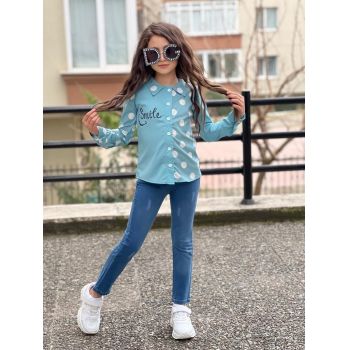 Compleu Albastru cu Buline, 2 Piese, Camasa si Pantaloni, Pentru Fetite, 4-12 ani Compleu Albastru cu Buline, 2 Piese, Camasa si Pantaloni, Pentru Fetite, 4-12 ani