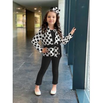Compleu Buline Negre, Pentru Fetite, 2 Piese, Salopeta si Sacou, 3-12 ani Compleu Buline Negre, Pentru Fetite, 2 Piese, Salopeta si Sacou, 3-12 ani