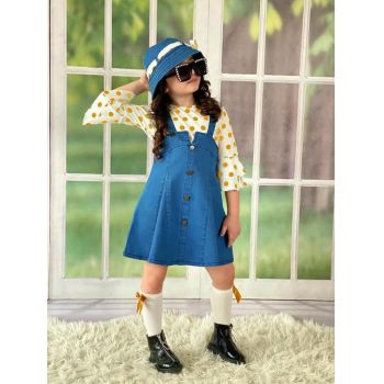 Compleu Cu Buline Galbene, Pentru Fete, 5 Piese, Sarafan de Blug, Bluzita, Palarie, Cordon si Ciorapi, 2-11 ani Compleu Cu Buline Galbene, Pentru Fete, 5 Piese, Sarafan de Blug, Bluzita, Palarie, Cordon si Ciorapi, 2-11 ani