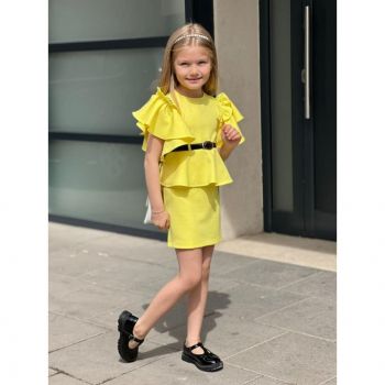 Compleu Galben, 4 Piese, Bluza, Fusta, Bentita si Curea, Pentru Fetite, 3-12 ani Compleu Galben, 4 Piese, Bluza, Fusta, Bentita si Curea, Pentru Fetite, 3-12 ani