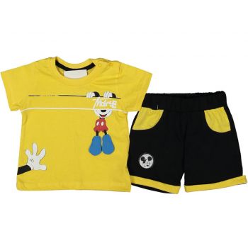 Compleu Mickey Mouse cu aplicatii pentru copii, 100% Bumbac Galben, 9-24 luni