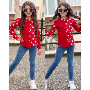 Compleu Rosu cu Buline, 2 Piese, Camasa si Pantaloni, Pentru Fetite, 4-12 ani Compleu Rosu cu Buline, 2 Piese, Camasa si Pantaloni, Pentru Fetite, 4-12 ani